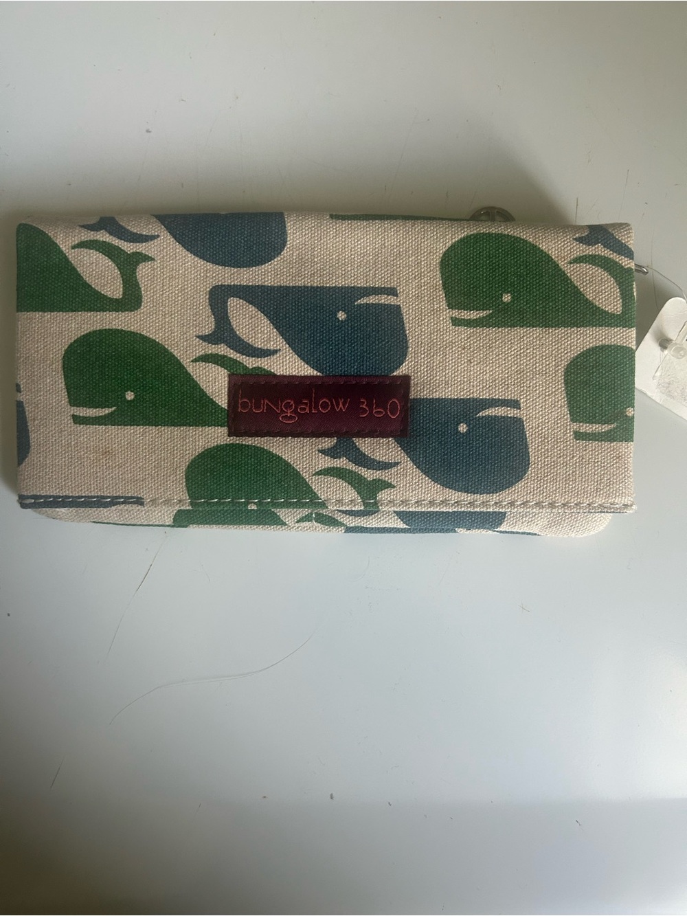 Bungalow 360 Canvas Wallet with Green & Blue Whale Motif